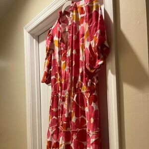 Floral Button-Front Midi Dress in Pink & Orange